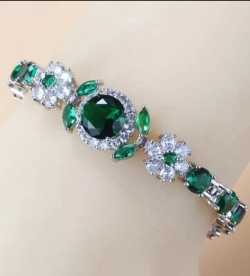 Brazalete de piedras preciosas de tenis topacio blanco verde esmeralda plata esterlina 925  Foto 1 de 4