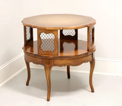 Mid 20th Century Hardwood, Brass Mesh & Leather French Round Accent Table Cover