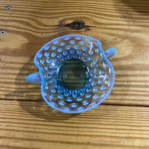 Vintage Blue Opalescent Hobnail Art Glass Two Handle 4.5x4.5 - Picture 1 of 4
