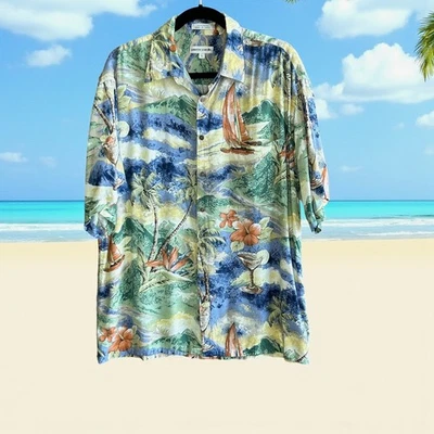 Pierre Cardin Vintage Rayon Hawaiian Sailboat Landscape Shirt Size Large - Image 1 of 4