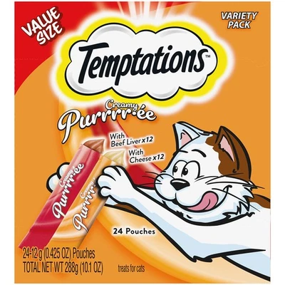 Puré cremoso Temptations golosinas húmedas para gatos sabor a queso hígado de res 042 oz paquete de 1 Foto 1 de 4