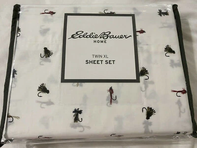 Eddie Bauer Twin XL Sheet Set Fishing Flies lodge cabin new - Image 1 of 4