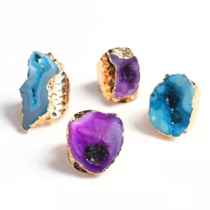 Adorable Geode Druzy Handmade Gold Electroplated Adjustable Ring Jewelry - Picture 1 of 30
