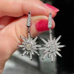 2Ct Round Cut Real Moissanite Drop Dangle Earrings 14K White Gold Plated Silver - Picture 1 of 5