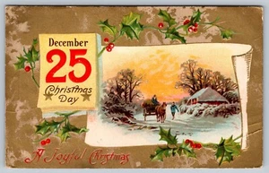 Joyful Christmas Gold Snow Horse Berries Holly Embossed Postcard - D15 - Picture 1 of 2