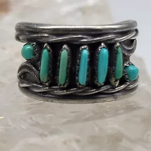 Vintage Petit Point Turquoise Ring Sterling Bezel Snake Eyes Size 6.75 - Picture 1 of 10