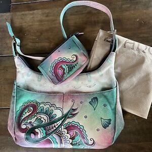 Anuschka Hand-Painted Leather Hobo with Coin Pouch Paisley Boho