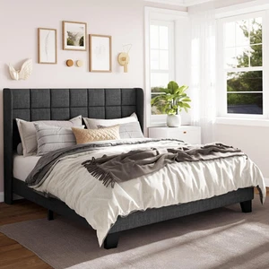 Queen Size Platform Bed Frame with Wingback, Fabric Upholstered Square Stitched - Picture 1 of 8