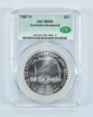 1987-P Constitution Commemorative Silver Dollar MS69 CAC CACg *7840 - Image 1 of 4