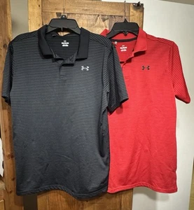 Under Armour Lot of 2 Boys’ Youth XL Golf Polo Shirts Striped Black Red EUC - Picture 1 of 10