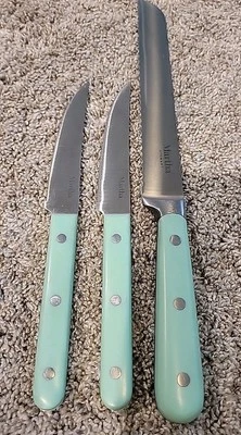 Lote de 3 cuchillos Martha Stewart para carne y pan asas verde azulado de acero inoxidable  Foto 1 de 4