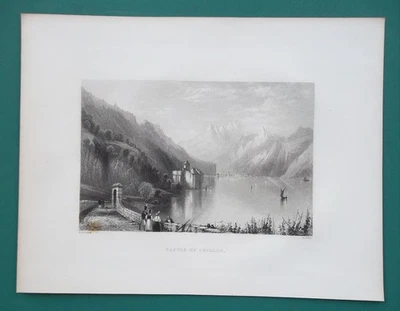 SUIZA Castillo Chillon Vista desde Veytaux Lemansee - Impresión 1838 por Bartlett Foto 1 de 2