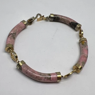 Vintage Gold Tone Pink Gemstone Jade Tennis 7.5 Bracelet Chinese Character - Image 1 of 4