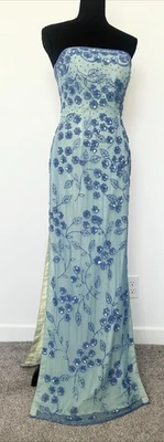 Vintage 90s Y2K Cache Beaded Silk Strapless Maxi Dress Floral Blue Slit XS - Image 1 of 4
