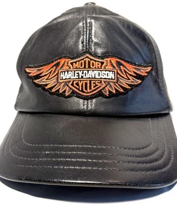 Vintage 1980s Black Leather Harley Davidson Motorcycles Hat Cap Adjustable - Picture 1 of 6
