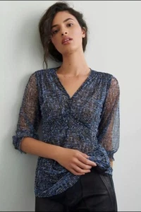 Anthropologie Gretchen gesmokte Tunika Bluse Gr. L schwarz blau Motiv transparent Boho - Bild 1 von 13