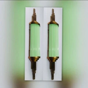 Pair of 2 Wall Art Deco Brass & Green Glass Ship Sconces Light & Antique Lamps - Picture 1 of 3