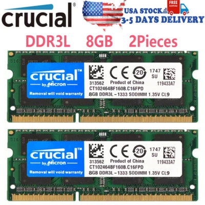 CRUCIAL DDR3L 16GB (8GB x2) 1333mhz PC3L-10600 Laptop SODIMM Memory RAM 204Pin - Image 1 of 4