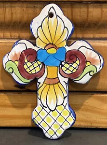Cruz de pared de cerámica floral Talavera 6" X 4,5" pintada a mano firmada decoración del hogar - Imagen 1 de 11