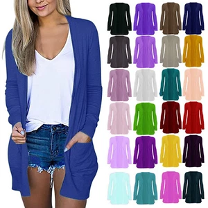 Ladies Long Sleeve Plain Printed Open Front Boyfriend Cardigan Slouch Pocket - Picture 1 of 24
