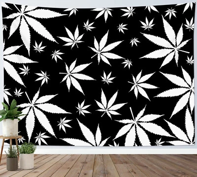 Black White Plant Marijuana Leaf Tapestry Wall Hanging for Living Room Bedroom - Image 1 of 4