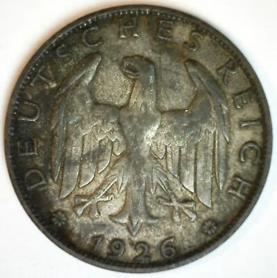1926 A Germany Silver Reichsmark Coin Very Fine Circulated Eagle Germany Dark - Image 1 of 2