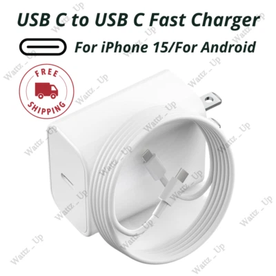 For Android iPhone 15 USB C to USB C Fast Charger PD Cord 20W Power Adapter Cube - Image 1 of 4