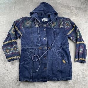 Vintage 80s 90s Jordache Southwestern Aztec Denim Long Chore Coat Barn Jacket M - Picture 1 of 11