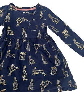 Mini Boden Girl Dress Long Sleeve Blue With Golden Bunny Print Size 3-4Y - Picture 1 of 4
