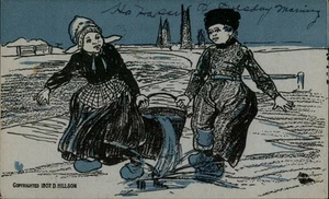 1907 Postcard Children on Ice Skates Dutch Theme Zander WI Target Cancel DPO - Picture 1 of 2