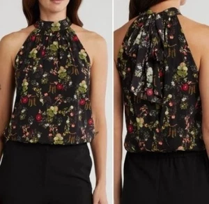 Top halter para mujer Alice + Olivia sin mangas negro floral rubor beso mediano NUEVO - Imagen 1 de 11