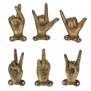 Juego de 6 ganchos de pared de hierro fundido, gestos a mano, acabado dorado, para llaves y toallas - Imagen 1 de 6