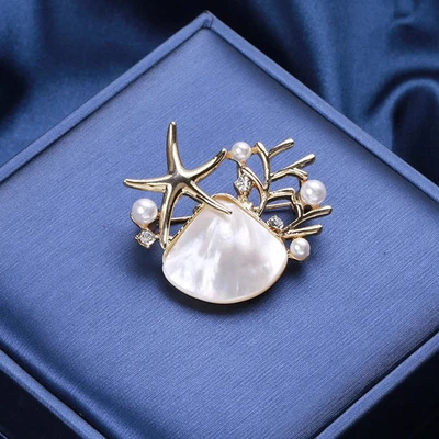 Broche Coral Estrella de Mar Tono Dorado Perla Cristal Océano Playa Moda Joyería Regalo Foto 1 de 4