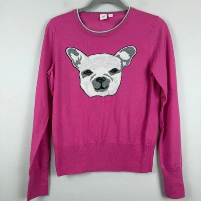 Gap Sweater Women's Small Pink Frenchie Bulldog Merino Wool Blend Cozy Preppy - Image 1 of 4