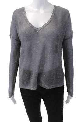Suéter Pullover Chan Luu Mujer Mangas Largas Cuello en V Gris Plata Talla Mediana Foto 1 de 4