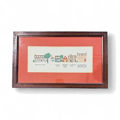 Colonial Street Scene Framed Cross Stitch Williamsburg VA Folk Art Decor 18"x11" - Image 1 of 4