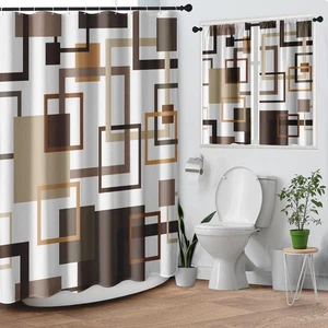 Geometrisches Vintage Braun Duschvorhang Set, Royal Abstract Line Modern Bad... - Bild 1 von 8