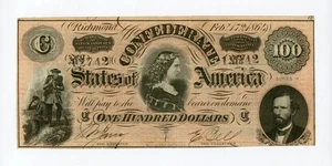 1864 T-65 $100 The Confederate States of America Note - CIVIL WAR Era AU+ - Picture 1 of 2