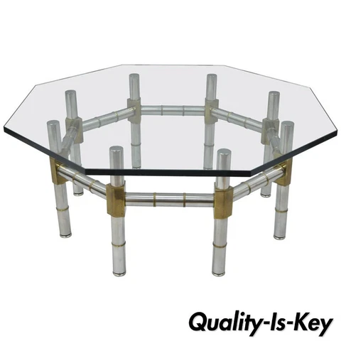 Mid Century Modern Chrome and Brass Faux Bamboo Glass Top Octagonal Coffee Table Cover