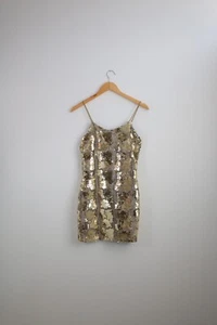 $398 Vtg Karen Lucas 4 Niki GOLD Sequin Form Fitting Dress Spaghetti Straps Sz 2 - Picture 1 of 6