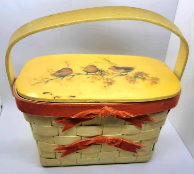Basket Purse Yellow w/ Birds Velvet Orange Bows Decoupage Lined - READ - VINTAGE - Image 1 of 4