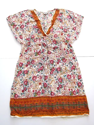 Журнал 100% вискоза оранжевый розовый зеленый цветочный коротким рукавом туника халат платье M - Изображение 1 из 4