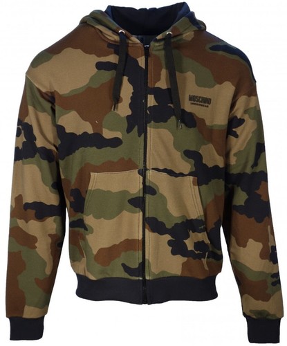 MOSCHINO Felpa con cappuccio e zip mimetica logo petto