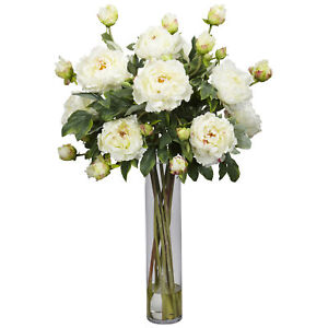 Peony Clear Glass Cylinder Vase Silk Flower Arrangement White Floral Home Decor