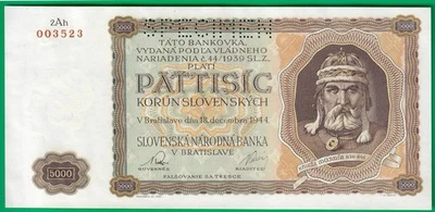 Slovakia 5000 korun 1944, P14s, UNC- w/ glue remnants on back but no folds! - Image 1 of 2