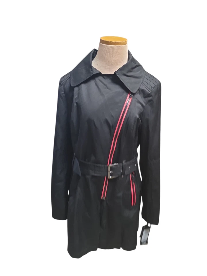 Women's Black Rivet Asymmetrical Zipper Belted Trench Coat Sz L NWT Msrp 200 - Image 1 of 4