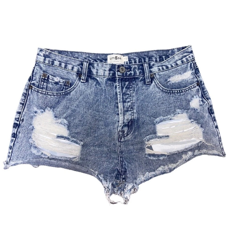 Pantalones cortos de mezclilla Umgee desgastados rasgados dobladillo crudo lavado ácido azul jean juniors talla 5 Foto 1 de 4