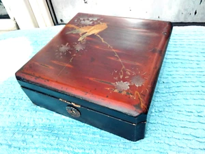 VINTAGE JAPANESE BROWN & BLACK LACQUER WOOD JEWELLERY TRINKET STORAGE BOX - Picture 1 of 11