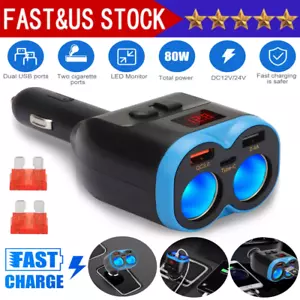 2 Way Car Cigarette Lighter Socket Splitter Dual USB QC3.0 Charger Power Adapter - Picture 1 of 8