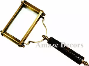 Vintage Style Brass Magnifier Rectangle Wooden Handle Magnifying Glass - Foto 1 di 7